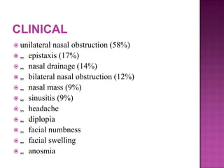  unilateral nasal obstruction (58%)
 „ epistaxis (17%)
 „ nasal drainage (14%)
 „ bilateral nasal obstruction (12%)
 „ nasal mass (9%)
 „ sinusitis (9%)
 „ headache
 „ diplopia
 „ facial numbness
 „ facial swelling
 „ anosmia
 