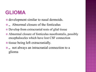  development similar to nasal dermoids.
 „ Abnormal closure of the fonticulus
 Develop from extracranial rests of glial tissue
 Abnormal closure of fonticulus nasofrontalis, possibly
encephaloceles which have lost CSF connection
 tissue being left extracranially.
 „ not always an intracranial connection to a
glioma
 