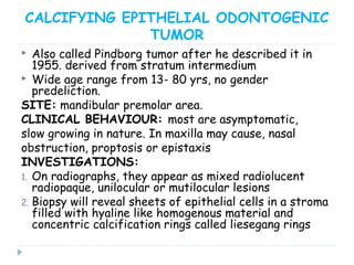CALCIFYING EPITHELIAL ODONTOGENIC
TUMOR
 Also called Pindborg tumor after he described it in
1955. derived from stratum intermedium
 Wide age range from 13- 80 yrs, no gender
predeliction.
SITE: mandibular premolar area.
CLINICAL BEHAVIOUR: most are asymptomatic,
slow growing in nature. In maxilla may cause, nasal
obstruction, proptosis or epistaxis
INVESTIGATIONS:
1. On radiographs, they appear as mixed radiolucent
radiopaque, unilocular or mutilocular lesions
2. Biopsy will reveal sheets of epithelial cells in a stroma
filled with hyaline like homogenous material and
concentric calcification rings called liesegang rings
 