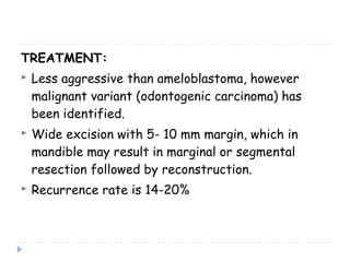TREATMENT:
 Less aggressive than ameloblastoma, however
malignant variant (odontogenic carcinoma) has
been identified.
 Wide excision with 5- 10 mm margin, which in
mandible may result in marginal or segmental
resection followed by reconstruction.
 Recurrence rate is 14-20%
 