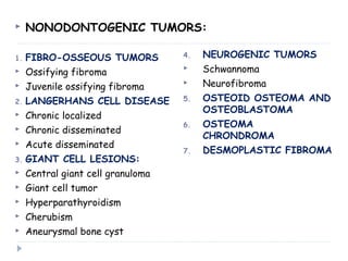  NONODONTOGENIC TUMORS:
1. FIBRO-OSSEOUS TUMORS
 Ossifying fibroma
 Juvenile ossifying fibroma
2. LANGERHANS CELL DISEASE
 Chronic localized
 Chronic disseminated
 Acute disseminated
3. GIANT CELL LESIONS:
 Central giant cell granuloma
 Giant cell tumor
 Hyperparathyroidism
 Cherubism
 Aneurysmal bone cyst
4. NEUROGENIC TUMORS
 Schwannoma
 Neurofibroma
5. OSTEOID OSTEOMA AND
OSTEOBLASTOMA
6. OSTEOMA
CHRONDROMA
7. DESMOPLASTIC FIBROMA
 