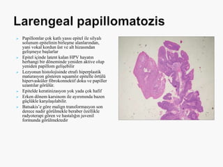  Papillomlar çok katlı yassı epitel ile silyalı
solunum epitelinin birleşme alanlarından,
yani vokal kordun üst ve alt hizasından
gelişmeye başlarlar
 Epitel içinde latent kalan HPV hayatın
herhangi bir döneminde yeniden aktive olup
yeniden papillom gelişebilir
 Lezyonun histolojisinde etrafı hiperplastik
maturasyon gösteren squamöz epitelle örtülü
hipervasküler fibrokonnektif doku ve papiller
uzantılar görülür.
 Epitelde keratinizasyon yok yada çok hafif
 Erken dönem karsinom ile ayırımında bazen
güçlükle karşılaşılabilir.
 Batsakis’e göre malign transformasyon son
derece nadir görülmekle beraber özellikle
radyoterapi gören ve hastalığın juvenil
formunda görülmektedir
 