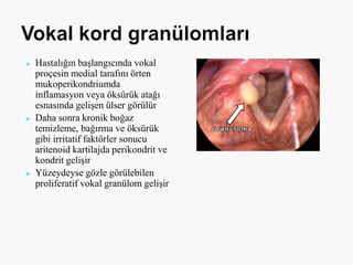  Hastalığın başlangıcında vokal
proçesin medial tarafını örten
mukoperikondriumda
inflamasyon veya öksürük atağı
esnasında gelişen ülser görülür
 Daha sonra kronik boğaz
temizleme, bağırma ve öksürük
gibi irritatif faktörler sonucu
aritenoid kartilajda perikondrit ve
kondrit gelişir
 Yüzeydeyse gözle görülebilen
proliferatif vokal granülom gelişir
 