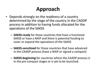Approach
• Depends strongly on the readiness of a country
  determined by the stage of the country in the CADDP
  process in addition to having funds allocated for the
  operations of the SAKSS
   – SAKSS-ready for those countries that have a functional
     SAKSS or have a NAIP and there is potential funding to
     cover or expand the operations of the SAKSS
   – SAKSS-sensitized for those countries that have advanced
     in the CAADP process (have a NAIP or signed a compact)
   – SAKSS-beginning for countries where the CAADP process is
     in the pre-compact stages or is yet to be launched.
 