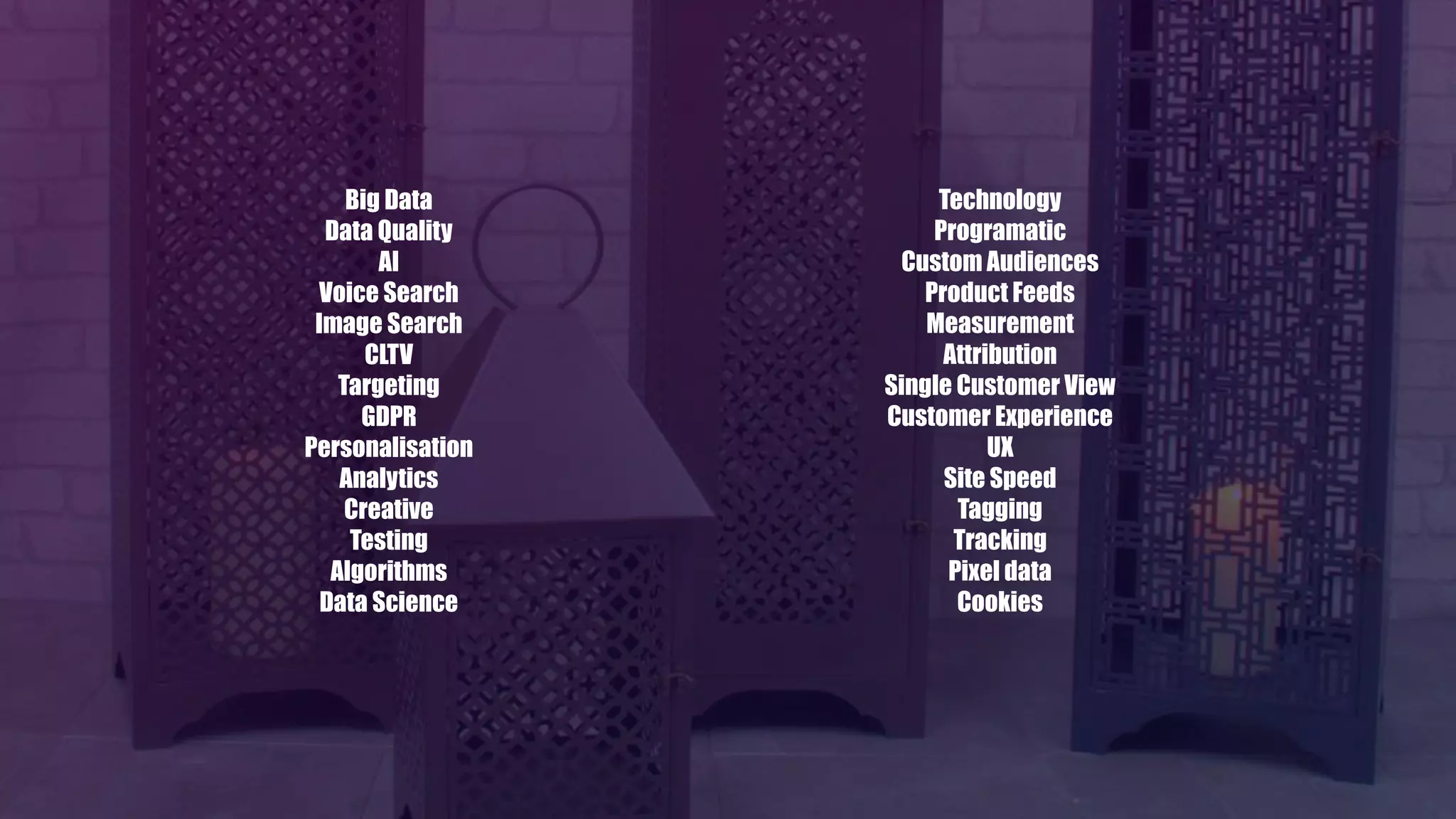 Big Data
Data Quality
AI
Voice Search
Image Search
CLTV
Targeting
GDPR
Personalisation
Analytics
Creative
Testing
Algorithms
Data Science
Technology
Programatic
Custom Audiences
Product Feeds
Measurement
Attribution
Single Customer View
Customer Experience
UX
Site Speed
Tagging
Tracking
Pixel data
Cookies
 