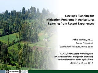 Strategic Planning for Mitigation Programs in Agriculture: Learning from Recent Experiences 
Pablo Benitez, Ph.D. 
Senior Economist 
World Bank Institute, World Bank 
CCAFS/FAO Expert Workshop on NAMAs: National mitigation planning and implementation in agriculture 
Rome, 16-17 July 2012 
 