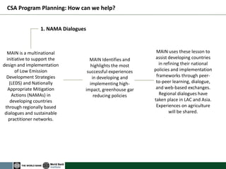 CSA Program Planning: How can we help? 
MAIN is a multinational initiative to support the design and implementation of Low Emission Development Strategies (LEDS) and Nationally Appropriate Mitigation Actions (NAMAs) in developing countries through regionally based dialogues and sustainable practitioner networks. 
MAIN Identifies and highlights the most successful experiences in developing and implementing high- impact, greenhouse gar reducing policies 
MAIN uses these lesson to assist developing countries in refining their national policies and implementation frameworks through peer- to-peer learning, dialogue, and web-based exchanges. Regional dialogues have taken place in LAC and Asia. Experiences on agriculture will be shared. 
1. NAMA Dialogues  