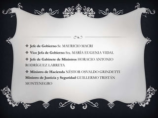  Jefe de Gobierno Sr. MAURICIO MACRI
 Vice Jefa de Gobierno Sra. MARÍA EUGENIA VIDAL
 Jefe de Gabinete de Ministros HORACIO ANTONIO
RODRÍGUEZ LARRETA
 Ministro de Hacienda NÉSTOR OSVALDO GRINDETTI
Ministro de Justicia y Seguridad GUILLERMO TRISTÁN
MONTENEGRO
 
