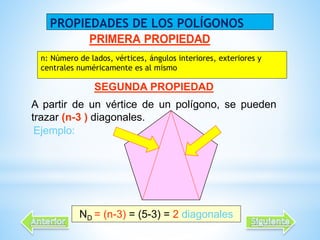 SEGUNDA PROPIEDAD
A partir de un vértice de un polígono, se pueden
trazar (n-3 ) diagonales.
Ejemplo:
ND = (n-3) = (5-3) = 2 diagonales
PROPIEDADES DE LOS POLÍGONOS
n: Número de lados, vértices, ángulos interiores, exteriores y
centrales numéricamente es al mismo
 