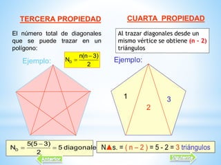 TERCERA PROPIEDAD
El número total de diagonales
que se puede trazar en un
polígono:
2
)3n(n
ND

Ejemplo:
diagonales5
2
)35(5
ND 


Al trazar diagonales desde un
mismo vértice se obtiene (n - 2)
triángulos
 