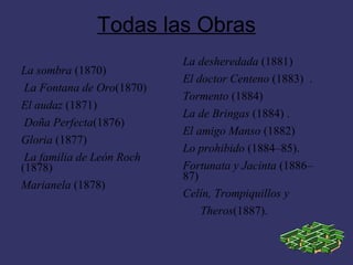 Todas las Obras
                           La desheredada (1881)
La sombra (1870)
                           El doctor Centeno (1883) .
 La Fontana de Oro(1870)
                           Tormento (1884)
El audaz (1871)
                           La de Bringas (1884) .
 Doña Perfecta(1876)
                           El amigo Manso (1882)
Gloria (1877)
                           Lo prohibido (1884–85).
 La familia de León Roch
(1878)                     Fortunata y Jacinta (1886–
                           87)
Marianela (1878)
                           Celín, Trompiquillos y
                               Theros(1887).
 