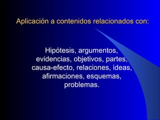 Aplicación a contenidos relacionados con: Hipótesis, argumentos, evidencias, objetivos, partes, causa-efecto, relaciones, ideas, afirmaciones, esquemas, problemas. 
