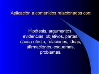 Aplicación a contenidos relacionados con: Hipótesis, argumentos, evidencias, objetivos, partes, causa-efecto, relaciones, ideas, afirmaciones, esquemas, problemas. 
