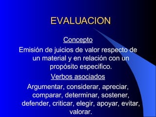 EVALUACION Concepto Emisión de juicios de valor respecto de un material y en relación con un propósito especifico. Verbos asociados Argumentar, considerar, apreciar, comparar, determinar, sostener, defender, criticar, elegir, apoyar, evitar, valorar. 