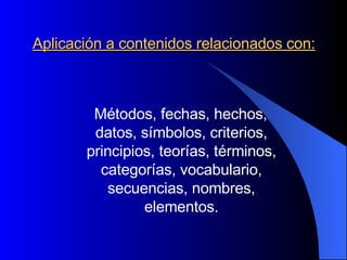 Aplicación a contenidos relacionados con: Métodos, fechas, hechos, datos, símbolos, criterios, principios, teorías, términos, categorías, vocabulario, secuencias, nombres, elementos. 