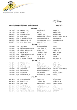 Página 4 de 8
                                                                                 Temp. 2012/2013


CALENDARIO DE BENJAMIN GRAN CANARIA                                                     GRUPO 1

                                            JORNADA      13
29/12/2012   9:00    BARRIAL, "A", U.D.               VALLESECO UD.              BARRIAL F-7
29/12/2012   9:00    ATALAYA, U.D.                    ARUCAS C.F.                25 AÑOS DE PAZ
29/12/2012   9:00    UNION MORAL, CD.                 FIRGAS "A", CD.            CAÑADA HONDA
29/12/2012   9:00    AGAETE, U.D.                     BAÑADEROS "A", U.COSTA     ALCALDE A.RGUEZ MARTIN
29/12/2012   10:00   S. NICOLAS JUVENTUD,             ROQUE AMAGRO "A",CF        LOS CASCAJOS
29/12/2012   10:30   SAN ISIDRO "A", S.D.             TEROR BALOMPIE "A", U.D.   VENANCIO MONZON
29/12/2012   10:30   LABRANTES "A", CF.               SARDINA "A" C.F.           GOLETA

                                            JORNADA      14
12/01/2013   9:00    ARUCAS C.F.                      SAN ISIDRO "A", S.D.       GOLETA
12/01/2013   9:00    BAÑADEROS "A", U.COSTA           UNION MORAL, CD.           MANUEL PABLO
12/01/2013   9:00    ROQUE AMAGRO "A",CF              AGAETE, U.D.               BARRIAL F-7
12/01/2013   9:30    FIRGAS "A", CD.                  LABRANTES "A", CF.         DOMGO. PONCE
12/01/2013   10:00   TEROR BALOMPIE "A", U.D.         BARRIAL, "A", U.D.         EL PINO F-7
12/01/2013   11:00   SARDINA "A" C.F.                 GUIA "A", U.D.             SARDINA
13/01/2013   10:00   S. NICOLAS JUVENTUD,             VALLESECO UD.              LOS CASCAJOS

                                            JORNADA      15
19/01/2013   9:00    BARRIAL, "A", U.D.               ARUCAS C.F.                BARRIAL F-7
19/01/2013   9:00    ATALAYA, U.D.                    SARDINA "A" C.F.           25 AÑOS DE PAZ
19/01/2013   9:00    UNION MORAL, CD.                 ROQUE AMAGRO "A",CF        CAÑADA HONDA
19/01/2013   9:00    AGAETE, U.D.                     S. NICOLAS JUVENTUD, UD.   ALCALDE A.RGUEZ MARTIN
19/01/2013   10:00   VALLESECO UD.                    TEROR BALOMPIE "A", U.D.   LA LAGUNA
19/01/2013   10:00   GUIA "A", U.D.                   FIRGAS "A", CD.            POLIDEP.GUIA F-7
19/01/2013   10:30   LABRANTES "A", CF.               BAÑADEROS "A", U.COSTA     GOLETA

                                            JORNADA      16
26/01/2013   9:00    UNION MORAL, CD.                 AGAETE, U.D.               CAÑADA HONDA
26/01/2013   9:00    ATALAYA, U.D.                    FIRGAS "A", CD.            25 AÑOS DE PAZ
26/01/2013   10:00   GUIA "A", U.D.                   BAÑADEROS "A", U.COSTA     POLIDEP.GUIA F-7
26/01/2013   10:00   VALLESECO UD.                    ARUCAS C.F.                LA LAGUNA
26/01/2013   10:30   LABRANTES "A", CF.               ROQUE AMAGRO "A",CF        GOLETA
26/01/2013   12:00   SAN ISIDRO "A", S.D.             SARDINA "A" C.F.           VENANCIO MONZON
26/01/2013   12:00   TEROR BALOMPIE "A", U.D.         S. NICOLAS JUVENTUD, UD.   EL PINO F-7
 