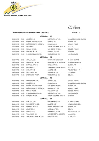 Página 5 de 8
                                                                                 Temp. 2012/2013


CALENDARIO DE BENJAMIN GRAN CANARIA                                                     GRUPO 1

                                            JORNADA      17
02/02/2013   9:00    AGAETE, U.D.                     LABRANTES "A", CF.         ALCALDE A.RGUEZ MARTIN
02/02/2013   9:00    ROQUE AMAGRO "A",CF              GUIA "A", U.D.             BARRIAL F-7
02/02/2013   9:00    BAÑADEROS "A", U.COSTA           ATALAYA, U.D.              MANUEL PABLO
02/02/2013   9:00    ARUCAS C.F.                      TEROR BALOMPIE "A", U.D.   GOLETA
02/02/2013   9:30    FIRGAS "A", CD.                  SAN ISIDRO "A", S.D.       DOMGO. PONCE
02/02/2013   10:30   SARDINA "A" C.F.                 BARRIAL, "A", U.D.         SARDINA
03/02/2013   10:00   S. NICOLAS JUVENTUD,             UNION MORAL, CD.           LOS CASCAJOS

                                            JORNADA      18
09/02/2013   9:00    ATALAYA, U.D.                    ROQUE AMAGRO "A",CF        25 AÑOS DE PAZ
09/02/2013   9:00    SAN ISIDRO "A", S.D.             BAÑADEROS "A", U.COSTA     VENANCIO MONZON
09/02/2013   9:00    BARRIAL, "A", U.D.               FIRGAS "A", CD.            BARRIAL F-7
09/02/2013   9:00    ARUCAS C.F.                      S. NICOLAS JUVENTUD, UD.   GOLETA
09/02/2013   10:00   GUIA "A", U.D.                   AGAETE, U.D.               POLIDEP.GUIA F-7
09/02/2013   10:00   VALLESECO UD.                    SARDINA "A" C.F.           LA LAGUNA
09/02/2013   10:30   LABRANTES "A", CF.               UNION MORAL, CD.           GOLETA

                                            JORNADA      19
16/02/2013   9:00    UNION MORAL, CD.                 GUIA "A", U.D.             CAÑADA HONDA
16/02/2013   9:00    AGAETE, U.D.                     ATALAYA, U.D.              ALCALDE A.RGUEZ MARTIN
16/02/2013   9:00    ROQUE AMAGRO "A",CF              SAN ISIDRO "A", S.D.       BARRIAL F-7
16/02/2013   9:00    BAÑADEROS "A", U.COSTA           BARRIAL, "A", U.D.         MANUEL PABLO
16/02/2013   9:30    FIRGAS "A", CD.                  VALLESECO UD.              DOMGO. PONCE
16/02/2013   10:00   S. NICOLAS JUVENTUD,             LABRANTES "A", CF.         LOS CASCAJOS
16/02/2013   11:00   SARDINA "A" C.F.                 TEROR BALOMPIE "A", U.D.   SARDINA

                                            JORNADA      20
23/02/2013   9:00    ATALAYA, U.D.                    UNION MORAL, CD.           25 AÑOS DE PAZ
23/02/2013   9:00    SAN ISIDRO "A", S.D.             AGAETE, U.D.               VENANCIO MONZON
23/02/2013   9:00    BARRIAL, "A", U.D.               ROQUE AMAGRO "A",CF        BARRIAL F-7
23/02/2013   9:00    ARUCAS C.F.                      SARDINA "A" C.F.           GOLETA
23/02/2013   10:00   GUIA "A", U.D.                   LABRANTES "A", CF.         POLIDEP.GUIA F-7
23/02/2013   10:00   VALLESECO UD.                    BAÑADEROS "A", U.COSTA     LA LAGUNA
23/02/2013   10:00   TEROR BALOMPIE "A", U.D.         FIRGAS "A", CD.            EL PINO F-7
 