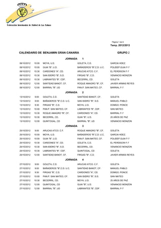 Página 1 de 8
                                                                                Temp. 2012/2013


CALENDARIO DE BENJAMIN GRAN CANARIA                                                    GRUPO 2

                                            JORNADA       1
06/10/2012   10:00   MOYA, U.D.                       GOLETA, C.D.              GARCIA HDEZ.
06/10/2012   10:00   GUIA "B", U.D.                   BAÑADEROS "B",C.D. U.C.   POLIDEP.GUIA F-7
06/10/2012   10:30   CARDONES "A", CD.                ARUCAS ATCO. C.F.         EL PERDIGON F-7
06/10/2012   10:30   SAN ISIDRO "B", S.D.             FIRGAS "B", C.D.          VENANCIO MONZON
06/10/2012   10:30   LABRANTES "B", CDF.              BECERRIL, CD.             GOLETA
06/10/2012   12:00   SANTIDAD BANOT, CF.              ROQUE AMAGRO "B", CF.     JAVIER ARMAS REYES
06/10/2012   12:00   BARRIAL "B", UD                  PAN.P. SAN MATEO, CF.     BARRIAL F-7

                                            JORNADA       2
13/10/2012   9:00    GOLETA, C.D.                     SANTIDAD BANOT, CF.       GOLETA
13/10/2012   9:00    BAÑADEROS "B",C.D. U.C.          SAN ISIDRO "B", S.D.      MANUEL PABLO
13/10/2012   9:30    FIRGAS "B", C.D.                 MOYA, U.D.                DOMGO. PONCE
13/10/2012   10:00   PAN.P. SAN MATEO, CF.            LABRANTES "B", CDF.       SAN MATEO
13/10/2012   10:30   ROQUE AMAGRO "B", CF.            CARDONES "A", CD.         BARRIAL F-7
13/10/2012   10:30   BECERRIL, CD.                    GUIA "B", U.D.            25 AÑOS DE PAZ
13/10/2012   12:00   QUINTOGAL, CD                    BARRIAL "B", UD           VENANCIO MONZON

                                            JORNADA       3
20/10/2012   9:00    ARUCAS ATCO. C.F.                ROQUE AMAGRO "B", CF.     GOLETA
20/10/2012   10:00   MOYA, U.D.                       BAÑADEROS "B",C.D. U.C.   GARCIA HDEZ.
20/10/2012   10:00   GUIA "B", U.D.                   PAN.P. SAN MATEO, CF.     POLIDEP.GUIA F-7
20/10/2012   10:30   CARDONES "A", CD.                GOLETA, C.D.              EL PERDIGON F-7
20/10/2012   10:30   SAN ISIDRO "B", S.D.             BECERRIL, CD.             VENANCIO MONZON
20/10/2012   10:30   LABRANTES "B", CDF.              QUINTOGAL, CD             GOLETA
20/10/2012   12:00   SANTIDAD BANOT, CF.              FIRGAS "B", C.D.          JAVIER ARMAS REYES

                                            JORNADA       4
27/10/2012   9:00    GOLETA, C.D.                     ARUCAS ATCO. C.F.         GOLETA
27/10/2012   9:00    BAÑADEROS "B",C.D. U.C.          SANTIDAD BANOT, CF.       MANUEL PABLO
27/10/2012   9:30    FIRGAS "B", C.D.                 CARDONES "A", CD.         DOMGO. PONCE
27/10/2012   10:00   PAN.P. SAN MATEO, CF.            SAN ISIDRO "B", S.D.      SAN MATEO
27/10/2012   10:30   BECERRIL, CD.                    MOYA, U.D.                25 AÑOS DE PAZ
27/10/2012   12:00   QUINTOGAL, CD                    GUIA "B", U.D.            VENANCIO MONZON
27/10/2012   12:00   BARRIAL "B", UD                  LABRANTES "B", CDF.       BARRIAL F-7
 