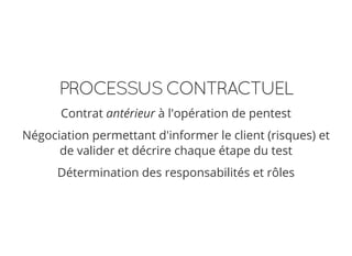 PROCESSUSCONTRACTUEL
Contrat antérieur à l'opération de pentest
Négociation permettant d'informer le client (risques) et
d...