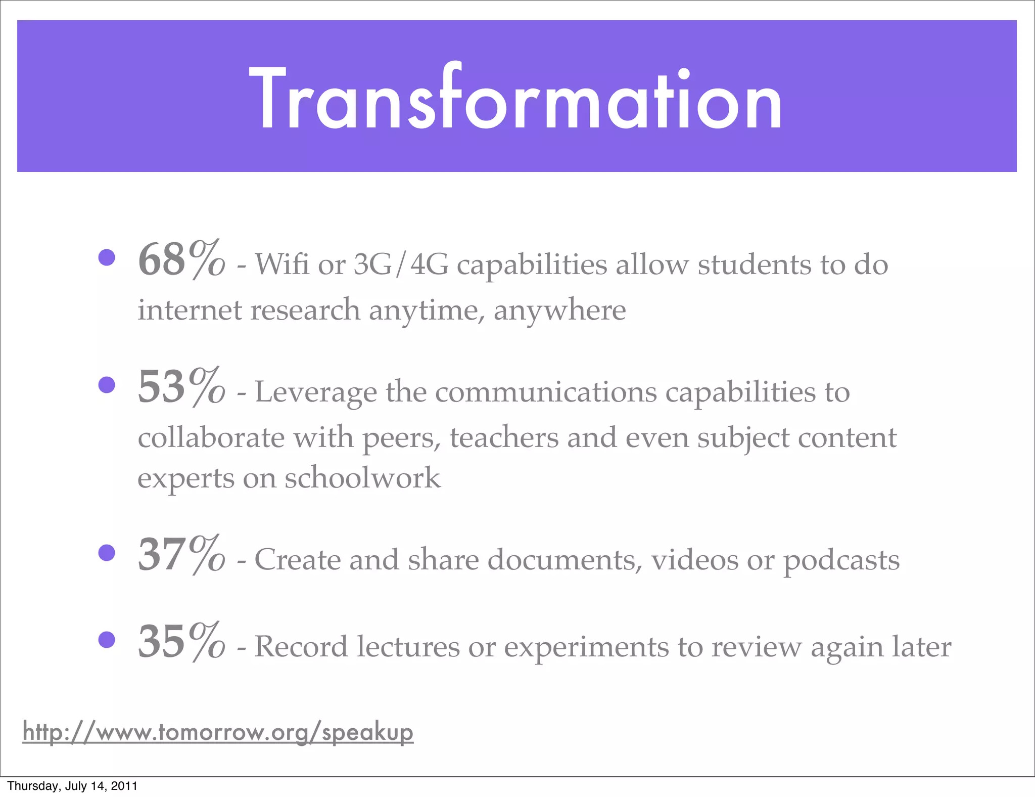 Transformation
              • 68% - Wiﬁ or 3G/4G capabilities allow students to do
                      internet research anytime, anywhere

              • 53% - Leverage the communications capabilities to
                      collaborate with peers, teachers and even subject content
                      experts on schoolwork

              • 37% - Create and share documents, videos or podcasts
              • 35% - Record lectures or experiments to review again later
  http://www.tomorrow.org/speakup

Thursday, July 14, 2011
 