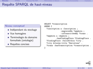 Motivation SPARQL Mappings SQL-RDF Reformulation et inf´erence Autres fonctionnalit´es Conclusion
Requˆete SPARQL de haut-...