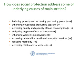 How does social protection address some of
underlying causes of malnutrition?
• Reducing poverty and increasing purchasing...