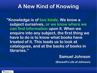 6
A New Kind of Knowing
"Knowledge is of two kinds. We know a
subject ourselves, or we know where we
can find information ...