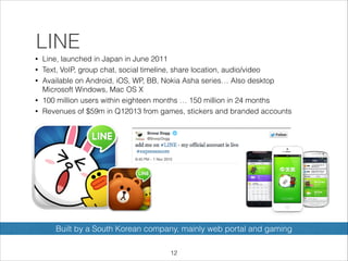 LINE
•
•
•

•
•

Line, launched in Japan in June 2011
Text, VoIP, group chat, social timeline, share location, audio/video
Available on Android, iOS, WP, BB, Nokia Asha series… Also desktop
Microsoft Windows, Mac OS X
100 million users within eighteen months … 150 million in 24 months
Revenues of $59m in Q12013 from games, stickers and branded accounts

Built by a South Korean company, mainly web portal and gaming
!12

 