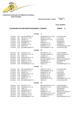 Federación Interinsular de Fútbol de Las Palmas 
Gran Canaria 
Página 3 de 8 PREFERENTE BENJAMIN G. CANARIA GRUPO 2 
Temp. 2014/2015 
CALENDARIO DE PREFERENTE BENJAMIN G. CANARIA GRUPO 2 
Jornada 9 
13/12/2014 9:00 MAJ.GUAYADEQUE "A", LOM.BLANCO S.J.A, "A" CD E.M. CAPELLANIA 
13/12/2014 9:00 SAN JUAN T.P., C.D. GARITA "A", CFS. LA H. LA PLATA 
13/12/2014 9:00 CALERO, C.D. VALSEQUILLO "A", U.D. E.M. CALERO 
13/12/2014 9:00 ARGUINEGUIN, C.D. YOÑE, C.D. ARGUINEGUIN 
13/12/2014 10:30 ACHAMAN, C.D. ESTRELLA "A" C.F. LA MADERA F-7 
13/12/2014 11:30 DORAMAS "A", C.D. ALMENARA "A", UD. C.ARINAGA F-7 
13/12/2014 12:00 ALMA´S, C.D. ACODETTI "A", CF. C.DEP.MASPALOM. 4 (F-7) 
13/12/2014 12:00 VEG.ARBOL BONITO "A", SAN FERNANDO "A", UD. LA VEGA SAN JOSE 
Jornada 10 
20/12/2014 9:00 ACODETTI "A", CF. SAN JUAN T.P., C.D. LA MAYORDOMIA 1 
20/12/2014 9:00 VALSEQUILLO "A", U.D. VEG.ARBOL BONITO "A", ANEXO VALSEQUILLO 
20/12/2014 9:00 YOÑE, C.D. CALERO, C.D. LAS REMUDAS 
20/12/2014 10:30 LOM.BLANCO S.J.A, "A" DORAMAS "A", C.D. LOMO BLANCO 
20/12/2014 10:30 ESTRELLA "A" C.F. MAJ.GUAYADEQUE "A", CF. ANEXO LAS PALMITAS F.7 
20/12/2014 10:30 GARITA "A", CFS. LA ACHAMAN, C.D. LA HERRADURA 
20/12/2014 10:30 ALMENARA "A", UD. ARGUINEGUIN, C.D. MULTIUSO 
20/12/2014 12:00 SAN FERNANDO "A", UD. ALMA´S, C.D. C.DEP.MASPALOM. 4 (F-7) 
Jornada 11 
27/12/2014 9:00 MAJ.GUAYADEQUE "A", GARITA "A", CFS. LA E.M. CAPELLANIA 
27/12/2014 9:00 SAN JUAN T.P., C.D. SAN FERNANDO "A", UD. H. LA PLATA 
27/12/2014 9:00 CALERO, C.D. ALMENARA "A", UD. E.M. CALERO 
27/12/2014 10:30 LOM.BLANCO S.J.A, "A" ESTRELLA "A" C.F. LOMO BLANCO 
27/12/2014 10:30 ACHAMAN, C.D. ACODETTI "A", CF. LA MADERA F-7 
27/12/2014 11:30 DORAMAS "A", C.D. ARGUINEGUIN, C.D. C.ARINAGA F-7 
27/12/2014 12:00 ALMA´S, C.D. VALSEQUILLO "A", U.D. C.DEP.MASPALOM. 4 (F-7) 
27/12/2014 12:00 VEG.ARBOL BONITO "A", YOÑE, C.D. LA VEGA SAN JOSE 
Jornada 12 
10/01/2015 9:00 ACODETTI "A", CF. MAJ.GUAYADEQUE "A", CF. LA MAYORDOMIA 1 
10/01/2015 9:00 VALSEQUILLO "A", U.D. SAN JUAN T.P., C.D. ANEXO VALSEQUILLO 
10/01/2015 9:00 YOÑE, C.D. ALMA´S, C.D. LAS REMUDAS 
10/01/2015 9:00 ARGUINEGUIN, C.D. CALERO, C.D. ARGUINEGUIN 
10/01/2015 10:30 ESTRELLA "A" C.F. DORAMAS "A", C.D. ANEXO LAS PALMITAS F.7 
10/01/2015 10:30 GARITA "A", CFS. LA LOM.BLANCO S.J.A, "A" CD LA HERRADURA 
10/01/2015 10:30 ALMENARA "A", UD. VEG.ARBOL BONITO "A", MULTIUSO 
10/01/2015 12:00 SAN FERNANDO "A", UD. ACHAMAN, C.D. C.DEP.MASPALOM. 4 (F-7) 
 