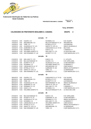 Federación Interinsular de Fútbol de Las Palmas 
Gran Canaria 
Página 5 de 8 PREFERENTE BENJAMIN G. CANARIA GRUPO 2 
Temp. 2014/2015 
CALENDARIO DE PREFERENTE BENJAMIN G. CANARIA GRUPO 2 
Jornada 17 
14/02/2015 9:00 CALERO, C.D. ACHAMAN, C.D. E.M. CALERO 
14/02/2015 9:00 ARGUINEGUIN, C.D. MAJ.GUAYADEQUE "A", CF. ARGUINEGUIN 
14/02/2015 9:00 YOÑE, C.D. ESTRELLA "A" C.F. LAS REMUDAS 
14/02/2015 9:00 VALSEQUILLO "A", U.D. GARITA "A", CFS. LA ANEXO VALSEQUILLO 
14/02/2015 10:30 ALMENARA "A", UD. LOM.BLANCO S.J.A, "A" CD MULTIUSO 
14/02/2015 11:30 DORAMAS "A", C.D. ALMA´S, C.D. C.ARINAGA F-7 
14/02/2015 12:00 VEG.ARBOL BONITO "A", SAN JUAN T.P., C.D. LA VEGA SAN JOSE 
14/02/2015 12:00 SAN FERNANDO "A", UD. ACODETTI "A", CF. C.DEP.MASPALOM. 4 (F-7) 
Jornada 18 
21/02/2015 9:00 SAN JUAN T.P., C.D. ALMA´S, C.D. H. LA PLATA 
21/02/2015 9:00 MAJ.GUAYADEQUE "A", CALERO, C.D. E.M. CAPELLANIA 
21/02/2015 9:00 ACODETTI "A", CF. VALSEQUILLO "A", U.D. LA MAYORDOMIA 1 
21/02/2015 10:30 ACHAMAN, C.D. VEG.ARBOL BONITO "A", LA MADERA F-7 
21/02/2015 10:30 LOM.BLANCO S.J.A, "A" ARGUINEGUIN, C.D. LOMO BLANCO 
21/02/2015 10:30 ESTRELLA "A" C.F. ALMENARA "A", UD. ANEXO LAS PALMITAS F.7 
21/02/2015 10:30 GARITA "A", CFS. LA YOÑE, C.D. LA HERRADURA 
21/02/2015 12:00 SAN FERNANDO "A", UD. DORAMAS "A", C.D. C.DEP.MASPALOM. 4 (F-7) 
Jornada 19 
28/02/2015 9:00 CALERO, C.D. LOM.BLANCO S.J.A, "A" CD E.M. CALERO 
28/02/2015 9:00 ARGUINEGUIN, C.D. ESTRELLA "A" C.F. ARGUINEGUIN 
28/02/2015 9:00 YOÑE, C.D. ACODETTI "A", CF. LAS REMUDAS 
28/02/2015 9:00 VALSEQUILLO "A", U.D. SAN FERNANDO "A", UD. ANEXO VALSEQUILLO 
28/02/2015 10:30 ALMENARA "A", UD. GARITA "A", CFS. LA MULTIUSO 
28/02/2015 11:30 DORAMAS "A", C.D. SAN JUAN T.P., C.D. C.ARINAGA F-7 
28/02/2015 12:00 ALMA´S, C.D. ACHAMAN, C.D. C.DEP.MASPALOM. 4 (F-7) 
28/02/2015 12:00 VEG.ARBOL BONITO "A", MAJ.GUAYADEQUE "A", CF. LA VEGA SAN JOSE 
Jornada 20 
07/03/2015 9:00 MAJ.GUAYADEQUE "A", ALMA´S, C.D. E.M. CAPELLANIA 
07/03/2015 9:00 ACODETTI "A", CF. ALMENARA "A", UD. LA MAYORDOMIA 1 
07/03/2015 9:00 VALSEQUILLO "A", U.D. DORAMAS "A", C.D. ANEXO VALSEQUILLO 
07/03/2015 10:30 ACHAMAN, C.D. SAN JUAN T.P., C.D. LA MADERA F-7 
07/03/2015 10:30 LOM.BLANCO S.J.A, "A" VEG.ARBOL BONITO "A", LOMO BLANCO 
07/03/2015 10:30 ESTRELLA "A" C.F. CALERO, C.D. ANEXO LAS PALMITAS F.7 
07/03/2015 10:30 GARITA "A", CFS. LA ARGUINEGUIN, C.D. LA HERRADURA 
07/03/2015 12:00 SAN FERNANDO "A", UD. YOÑE, C.D. C.DEP.MASPALOM. 4 (F-7) 
 