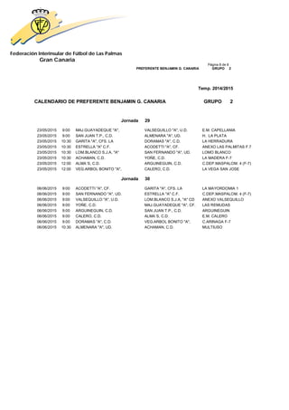 Federación Interinsular de Fútbol de Las Palmas 
Gran Canaria 
Página 8 de 8 PREFERENTE BENJAMIN G. CANARIA GRUPO 2 
Temp. 2014/2015 
CALENDARIO DE PREFERENTE BENJAMIN G. CANARIA GRUPO 2 
Jornada 29 
23/05/2015 9:00 MAJ.GUAYADEQUE "A", VALSEQUILLO "A", U.D. E.M. CAPELLANIA 
23/05/2015 9:00 SAN JUAN T.P., C.D. ALMENARA "A", UD. H. LA PLATA 
23/05/2015 10:30 GARITA "A", CFS. LA DORAMAS "A", C.D. LA HERRADURA 
23/05/2015 10:30 ESTRELLA "A" C.F. ACODETTI "A", CF. ANEXO LAS PALMITAS F.7 
23/05/2015 10:30 LOM.BLANCO S.J.A, "A" SAN FERNANDO "A", UD. LOMO BLANCO 
23/05/2015 10:30 ACHAMAN, C.D. YOÑE, C.D. LA MADERA F-7 
23/05/2015 12:00 ALMA´S, C.D. ARGUINEGUIN, C.D. C.DEP.MASPALOM. 4 (F-7) 
23/05/2015 12:00 VEG.ARBOL BONITO "A", CALERO, C.D. LA VEGA SAN JOSE 
Jornada 30 
06/06/2015 9:00 ACODETTI "A", CF. GARITA "A", CFS. LA LA MAYORDOMIA 1 
06/06/2015 9:00 SAN FERNANDO "A", UD. ESTRELLA "A" C.F. C.DEP.MASPALOM. 4 (F-7) 
06/06/2015 9:00 VALSEQUILLO "A", U.D. LOM.BLANCO S.J.A, "A" CD ANEXO VALSEQUILLO 
06/06/2015 9:00 YOÑE, C.D. MAJ.GUAYADEQUE "A", CF. LAS REMUDAS 
06/06/2015 9:00 ARGUINEGUIN, C.D. SAN JUAN T.P., C.D. ARGUINEGUIN 
06/06/2015 9:00 CALERO, C.D. ALMA´S, C.D. E.M. CALERO 
06/06/2015 9:00 DORAMAS "A", C.D. VEG.ARBOL BONITO "A", C.ARINAGA F-7 
06/06/2015 10:30 ALMENARA "A", UD. ACHAMAN, C.D. MULTIUSO 
