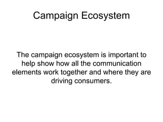 Campaign Ecosystem 
The campaign ecosystem is important to 
help show how all the communication 
elements work together and where they are 
driving consumers. 
 