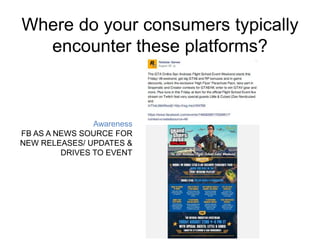 Where do your consumers typically 
encounter these platforms? 
Awareness 
FB AS A NEWS SOURCE FOR 
NEW RELEASES/ UPDATES & 
DRIVES TO EVENT 
 