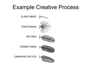 Example Creative Process 
CLIENT BRIEF 
POSITIONING 
BIG IDEA 
COMMS TASKS 
CAMPAIGN TACTICS 
 