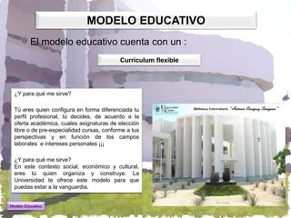 MODELO EDUCATIVO
          El modelo educativo cuenta con un :
                                            Currículum flexible




  ¿Y para qué me sirve?

  Tú eres quien configura en forma diferenciada tu
  perfil profesional, tú decides, de acuerdo a la
  oferta académica, cuales asignaturas de elección
  libre o de pre-especialidad cursas, conforme a tus
  perspectivas y en función de los campos
  laborales e intereses personales ¡¡¡

  ¿Y para qué me sirve?
  En este contexto social, económico y cultural,
  eres tú quien organiza y construye. La
  Universidad te ofrece este modelo para que
  puedas estar a la vanguardia.


Modelo Educativo
 
