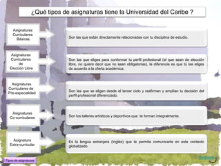 ¿Qué tipos de asignaturas tiene la Universidad del Caribe ?

    Asignaturas
    Curriculares
      Básicas                 Son las que están directamente relacionadas con tu disciplina de estudio.



   Asignaturas
  Curriculares                Son las que eliges para conformar tu perfil profesional (el que sean de elección
       de                     libre, no quiere decir que no sean obligatorias), la diferencia es que tú las eliges
  Elección Libre              de acuerdo a la oferta académica.



   Asignaturas
 Curriculares de
                              Son las que se eligen desde el tercer ciclo y reafirman y amplían tu decisión del
 Pre-especialidad
                              perfil profesional diferenciado.



   Asignaturas
  Co-curriculares             Son los talleres artísticos y deportivos que te forman integralmente.




    Asignatura                Es la lengua extranjera (Inglés) que te permite comunicarte en este contexto
  Extra-curricular            globalizado.


                                                                                                              Regresar
Tipos de asignaturas
 