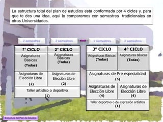 La estructura total del plan de estudios esta conformada por 4 ciclos y, para
      que te des una idea, aquí lo comparamos con semestres tradicionales en
      otras Universidades.



                 2 semestres              2 semestres       2 semestres             2 semestres

                1° CICLO                 2° CICLO          3° CICLO                 4° CICLO
                Asignaturas              Asignaturas     Asignaturas Básicas    Asignaturas Básicas
                                          Básicas             (Todas)                (Todas)
                 Básicas
                                           (Todas)
                   (Todas)

             Asignaturas de             Asignaturas de   Asignaturas de Pre especialidad
             Elección Libre             Elección Libre                      (5)
                       (2)                   (2)
                                                         Asignaturas de           Asignaturas de
                     Taller artístico o deportivo        Elección Libre           Elección Libre
                                  (1)                           (4)                     (4)

                                                          Taller deportivo o de expresión artística
                                                                             (1)


Estructura del Plan de Estudios
 