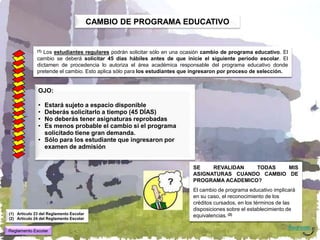 CAMBIO DE PROGRAMA EDUCATIVO


              (1)Los estudiantes regulares podrán solicitar sólo en una ocasión cambio de programa educativo. El
              cambio se deberá solicitar 45 días hábiles antes de que inicie el siguiente periodo escolar. El
              dictamen de procedencia lo autoriza el área académica responsable del programa educativo donde
              pretende el cambio. Esto aplica sólo para los estudiantes que ingresaron por proceso de selección.


              OJO:

              • Estará sujeto a espacio disponible
              • Deberás solicitarlo a tiempo (45 DÍAS)
              • No deberás tener asignaturas reprobadas
              • Es menos probable el cambio si el programa
                solicitado tiene gran demanda.
              • Sólo para los estudiante que ingresaron por
                examen de admisión


                                                                          SE    REVALIDAN   TODAS   MIS
                                                                          ASIGNATURAS CUANDO CAMBIO DE
                                                                          PROGRAMA ACADEMICO?
                                                                          El cambio de programa educativo implicará
                                                                          en su caso, el reconocimiento de los
                                                                          créditos cursados, en los términos de las
                                                                          disposiciones sobre el establecimiento de
(1) Artículo 23 del Reglamento Escolar
(2) Artículo 24 del Reglamento Escolar
                                                                          equivalencias. (2)

                                                                                                                   Regresar
Reglamento Escolar
 