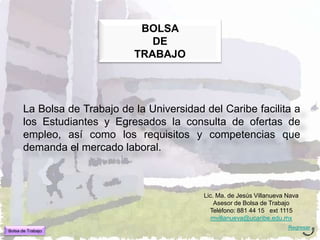 BOLSA
                                 DE
                              TRABAJO




       La Bolsa de Trabajo de la Universidad del Caribe facilita a
       los Estudiantes y Egresados la consulta de ofertas de
       empleo, así como los requisitos y competencias que
       demanda el mercado laboral.



                                             Lic. Ma. de Jesús Villanueva Nava
                                                 Asesor de Bolsa de Trabajo
                                               Teléfono: 881 44 15 ext 1115
                                                mvillanueva@ucaribe.edu.mx
                                                                          Regresar
Bolsa de Trabajo
 