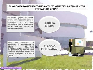 EL ACOMPAÑAMIENTO ESTUDIANTIL TE OFRECE LAS SIGUIENTES
                           FORMAS DE APOYO


      La tutoría grupal, te ofrece
      información necesaria para tu
      integración      a     la    vida
      universitaria y se te proporciona
                                             TUTORÍA
      en el aula por tutores de              GRUPAL
      Desarrollo Humano




        Una     vez     avanzado      el
        semestre, la Universidad te
        ofrece                PLÁTICAS       PLÁTICAS
        INFORMATIVAS abiertas para         INFORMATIVAS
        reafirmar y/o aclarar dudas que
        quedaron después de la tutoría
        grupal.




                                                                  5
Acompañamiento Estudiantil
 