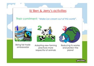 II/ Ben & Jerry’s activities

Their comitment: “Make ice cream out of this world”.




Being fair trade   Adopting new farming     Reducing its wastes
 ambassador            practices more        and protect the
                    respectful of animals        planet
 