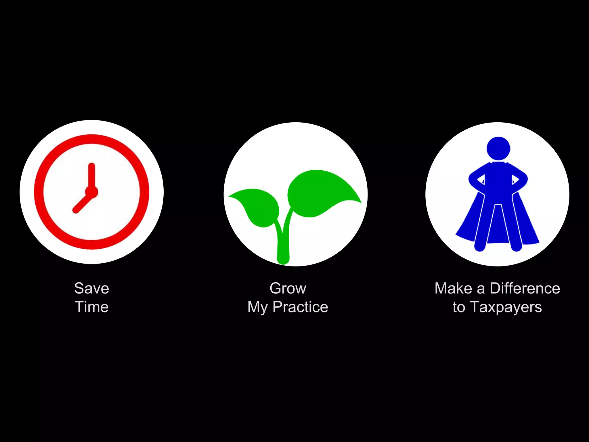 Save
Time
Grow
My Practice
Make a Difference
to Taxpayers
 