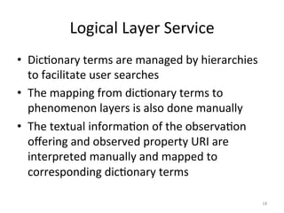 Logical	
  Layer	
  Service	
  
•  Dic.onary	
  terms	
  are	
  managed	
  by	
  hierarchies	
  
   to	
  facilitate	
  user	
  searches	
  
•  The	
  mapping	
  from	
  dic.onary	
  terms	
  to	
  
   phenomenon	
  layers	
  is	
  also	
  done	
  manually	
  
•  The	
  textual	
  informa.on	
  of	
  the	
  observa.on	
  
   oﬀering	
  and	
  observed	
  property	
  URI	
  are	
  
   interpreted	
  manually	
  and	
  mapped	
  to	
  
   corresponding	
  dic.onary	
  terms	
  

                                                                   18	
  
 