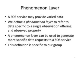 Phenomenon	
  Layer	
  
•  A	
  SOS	
  service	
  may	
  provide	
  varied	
  data	
  
•  We	
  deﬁne	
  a	
  phenomenon	
  layer	
  to	
  refer	
  to	
  
   data	
  speciﬁc	
  to	
  a	
  single	
  observa.on	
  oﬀering	
  
   and	
  observed	
  property	
  
•  A	
  phenomenon	
  layer	
  can	
  be	
  used	
  to	
  generate	
  
   more	
  speciﬁc	
  data	
  requests	
  to	
  a	
  SOS	
  service	
  
•  This	
  deﬁni.on	
  is	
  speciﬁc	
  to	
  our	
  group	
  


                                                                          6	
  
 