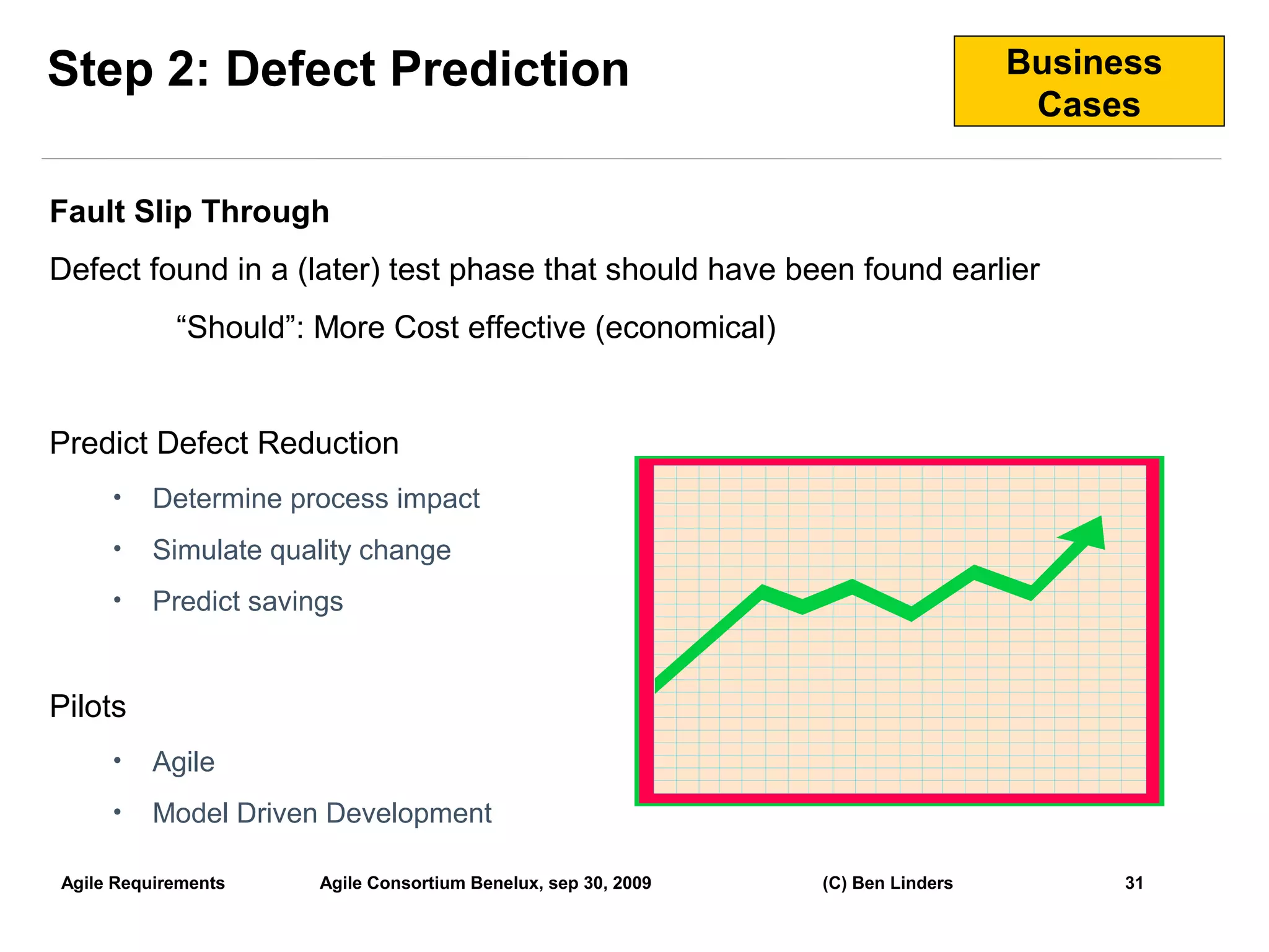 Step 2: Defect Prediction                                                         Business
                                                                                   Cases


Fault Slip Through
Defect found in a (later) test phase that should have been found earlier
            “Should”: More Cost effective (economical)


Predict Defect Reduction
     •    Determine process impact
     •    Simulate quality change
     •    Predict savings


Pilots
     •    Agile
     •    Model Driven Development

Agile Requirements     Agile Consortium Benelux, sep 30, 2009   (C) Ben Linders         31
                                                                                             31
 