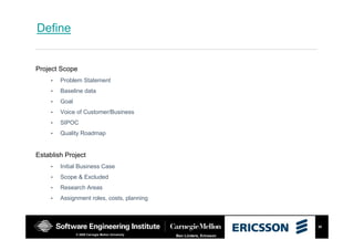 30
Ben Linders, Ericsson© 2008 Carnegie Mellon University
Define
Project Scope
• Problem Statement
• Baseline data
• Goal
• Voice of Customer/Business
• SIPOC
• Quality Roadmap
Establish Project
• Initial Business Case
• Scope & Excluded
• Research Areas
• Assignment roles, costs, planning
 