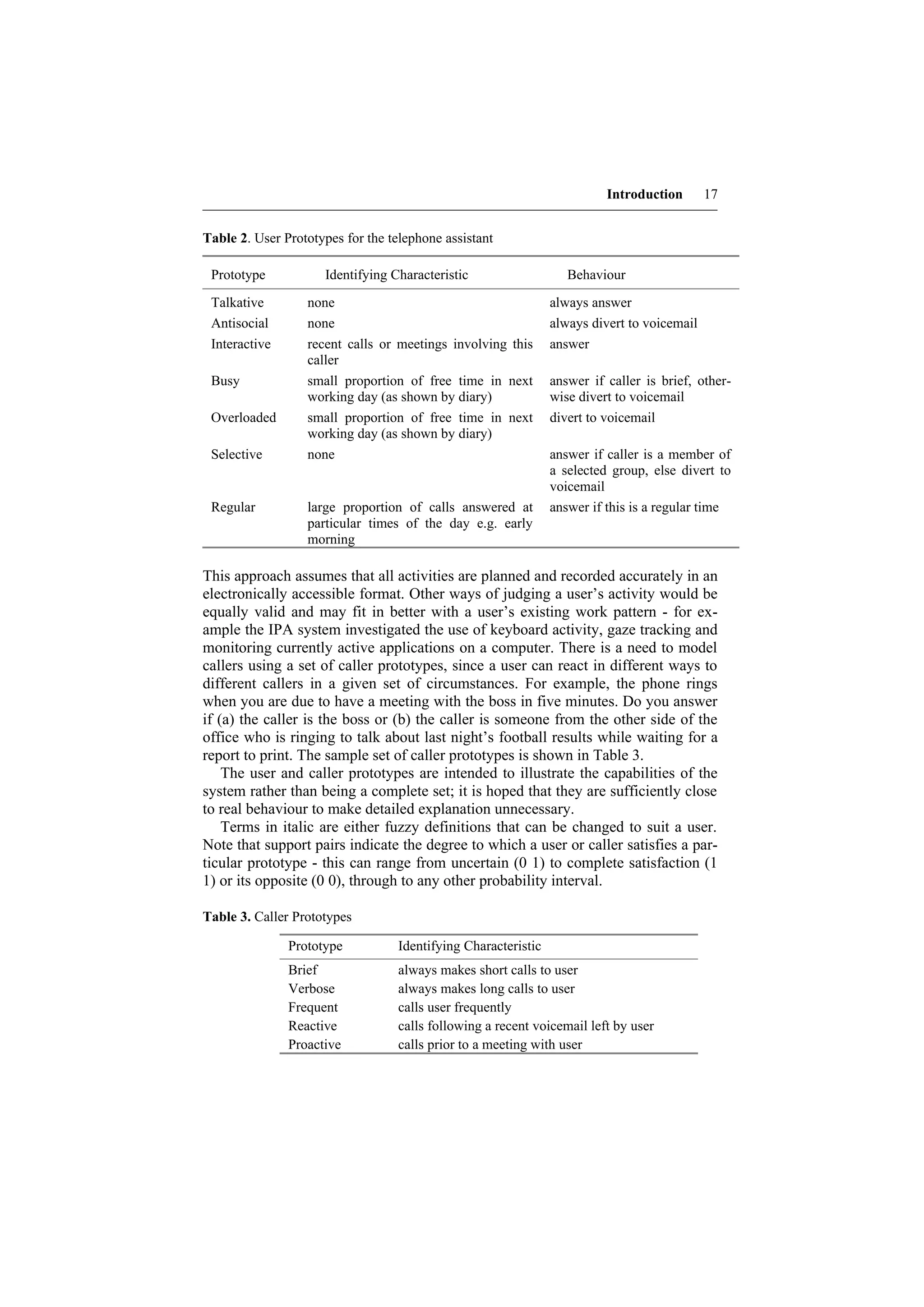 Introduction       17


Table 2. User Prototypes for the telephone assistant

 Prototype           Identifying Characteristic                    Behaviour
 Talkative        none                                          always answer
 Antisocial       none                                          always divert to voicemail
 Interactive      recent calls or meetings involving this       answer
                  caller
 Busy             small proportion of free time in next         answer if caller is brief, other-
                  working day (as shown by diary)               wise divert to voicemail
 Overloaded       small proportion of free time in next         divert to voicemail
                  working day (as shown by diary)
 Selective        none                                          answer if caller is a member of
                                                                a selected group, else divert to
                                                                voicemail
 Regular          large proportion of calls answered at         answer if this is a regular time
                  particular times of the day e.g. early
                  morning

This approach assumes that all activities are planned and recorded accurately in an
electronically accessible format. Other ways of judging a user’s activity would be
equally valid and may fit in better with a user’s existing work pattern - for ex-
ample the IPA system investigated the use of keyboard activity, gaze tracking and
monitoring currently active applications on a computer. There is a need to model
callers using a set of caller prototypes, since a user can react in different ways to
different callers in a given set of circumstances. For example, the phone rings
when you are due to have a meeting with the boss in five minutes. Do you answer
if (a) the caller is the boss or (b) the caller is someone from the other side of the
office who is ringing to talk about last night’s football results while waiting for a
report to print. The sample set of caller prototypes is shown in Table 3.
    The user and caller prototypes are intended to illustrate the capabilities of the
system rather than being a complete set; it is hoped that they are sufficiently close
to real behaviour to make detailed explanation unnecessary.
    Terms in italic are either fuzzy definitions that can be changed to suit a user.
Note that support pairs indicate the degree to which a user or caller satisfies a par-
ticular prototype - this can range from uncertain (0 1) to complete satisfaction (1
1) or its opposite (0 0), through to any other probability interval.

Table 3. Caller Prototypes

               Prototype           Identifying Characteristic
               Brief               always makes short calls to user
               Verbose             always makes long calls to user
               Frequent            calls user frequently
               Reactive            calls following a recent voicemail left by user
               Proactive           calls prior to a meeting with user
 