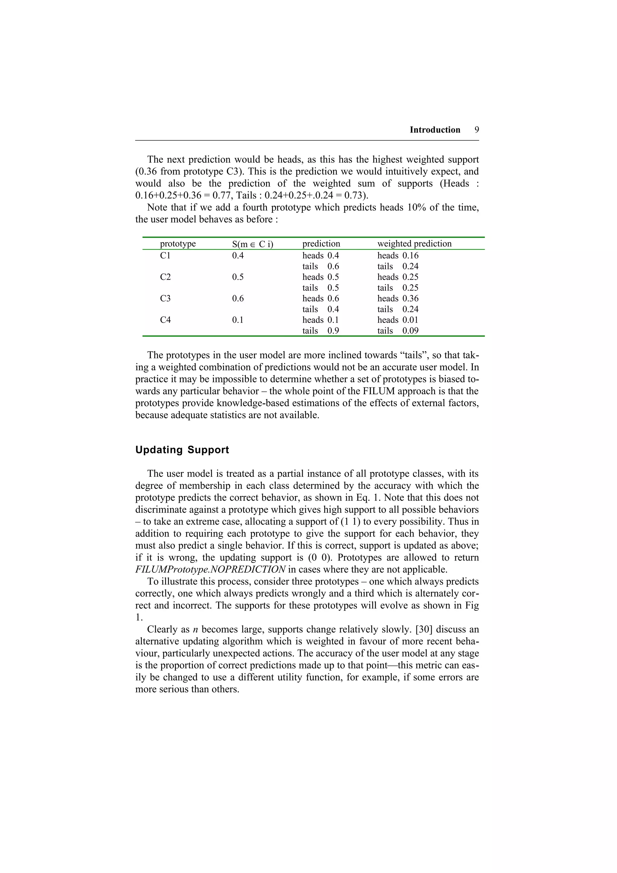 Introduction    9


   The next prediction would be heads, as this has the highest weighted support
(0.36 from prototype C3). This is the prediction we would intuitively expect, and
would also be the prediction of the weighted sum of supports (Heads :
0.16+0.25+0.36 = 0.77, Tails : 0.24+0.25+.0.24 = 0.73).
   Note that if we add a fourth prototype which predicts heads 10% of the time,
the user model behaves as before :

      prototype         S(m ∈ C i)       prediction         weighted prediction
      C1                0.4              heads 0.4          heads 0.16
                                         tails 0.6          tails 0.24
      C2                0.5              heads 0.5          heads 0.25
                                         tails 0.5          tails 0.25
      C3                0.6              heads 0.6          heads 0.36
                                         tails 0.4          tails 0.24
      C4                0.1              heads 0.1          heads 0.01
                                         tails 0.9          tails 0.09

   The prototypes in the user model are more inclined towards “tails”, so that tak-
ing a weighted combination of predictions would not be an accurate user model. In
practice it may be impossible to determine whether a set of prototypes is biased to-
wards any particular behavior – the whole point of the FILUM approach is that the
prototypes provide knowledge-based estimations of the effects of external factors,
because adequate statistics are not available.


Updating Support

    The user model is treated as a partial instance of all prototype classes, with its
degree of membership in each class determined by the accuracy with which the
prototype predicts the correct behavior, as shown in Eq. 1. Note that this does not
discriminate against a prototype which gives high support to all possible behaviors
– to take an extreme case, allocating a support of (1 1) to every possibility. Thus in
addition to requiring each prototype to give the support for each behavior, they
must also predict a single behavior. If this is correct, support is updated as above;
if it is wrong, the updating support is (0 0). Prototypes are allowed to return
FILUMPrototype.NOPREDICTION in cases where they are not applicable.
    To illustrate this process, consider three prototypes – one which always predicts
correctly, one which always predicts wrongly and a third which is alternately cor-
rect and incorrect. The supports for these prototypes will evolve as shown in Fig
1.
    Clearly as n becomes large, supports change relatively slowly. [30] discuss an
alternative updating algorithm which is weighted in favour of more recent beha-
viour, particularly unexpected actions. The accuracy of the user model at any stage
is the proportion of correct predictions made up to that point—this metric can eas-
ily be changed to use a different utility function, for example, if some errors are
more serious than others.
 