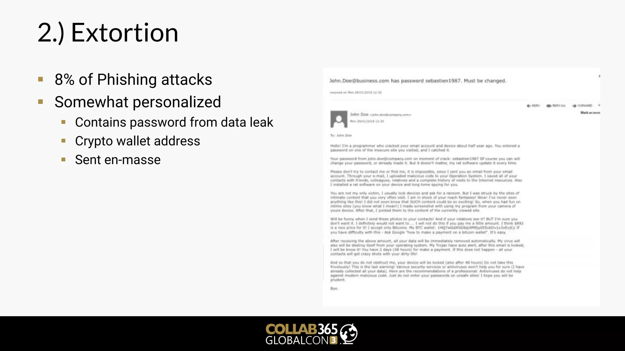 2.) Extortion
▪ 8% of Phishing attacks
▪ Somewhat personalized
▪ Contains password from data leak
▪ Crypto wallet address
▪ Sent en-masse
 