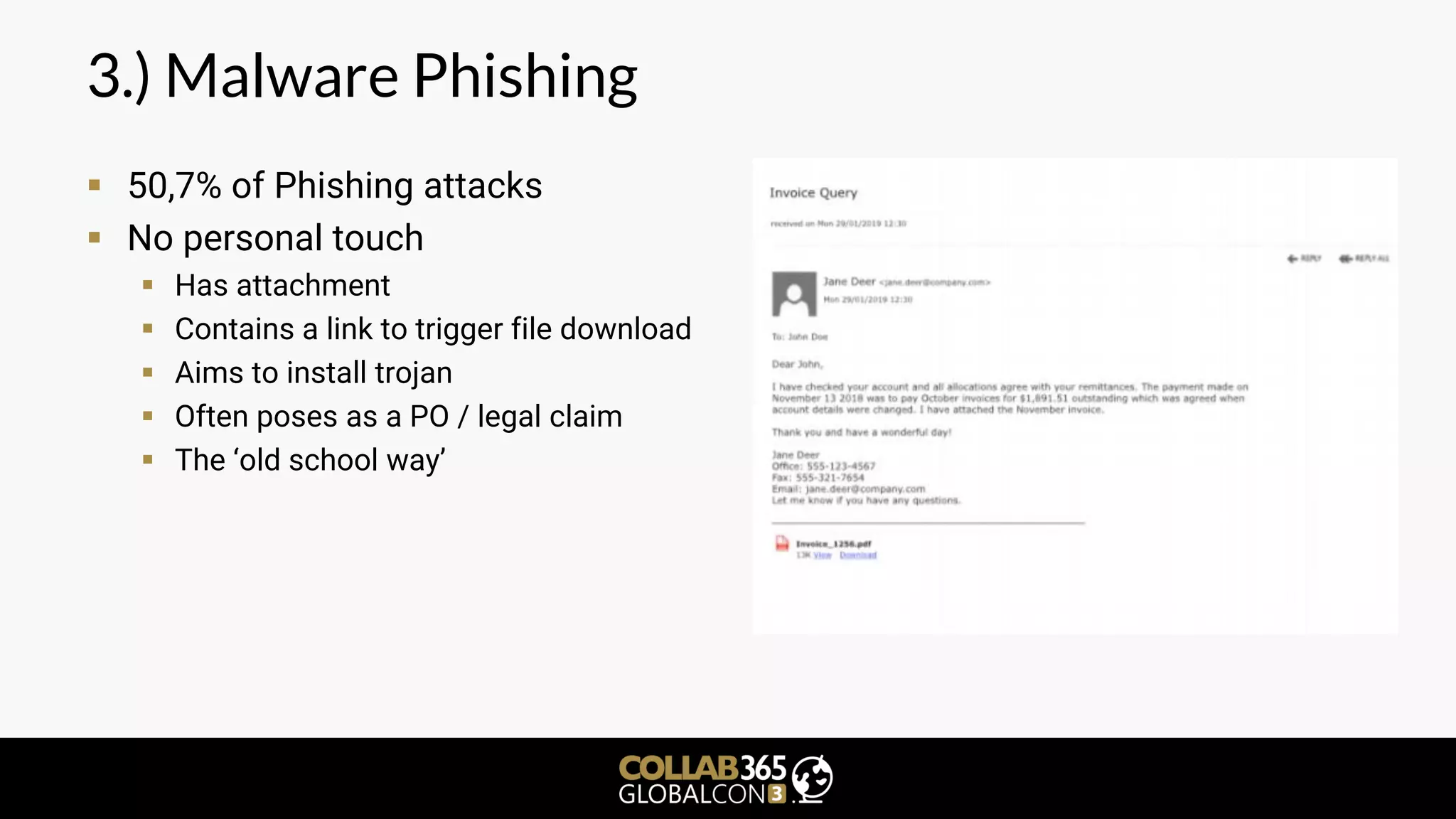 3.) Malware Phishing
▪ 50,7% of Phishing attacks
▪ No personal touch
▪ Has attachment
▪ Contains a link to trigger file download
▪ Aims to install trojan
▪ Often poses as a PO / legal claim
▪ The ‘old school way’
 